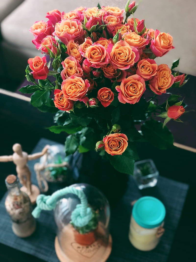 rose bouquet and clear glass jar, HD phone wallpaper