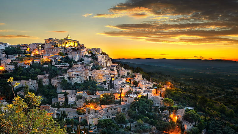 Village of Gordes, Alpes, Provence, view, summer, France, village, sunset, sky, bonito, HD wallpaper