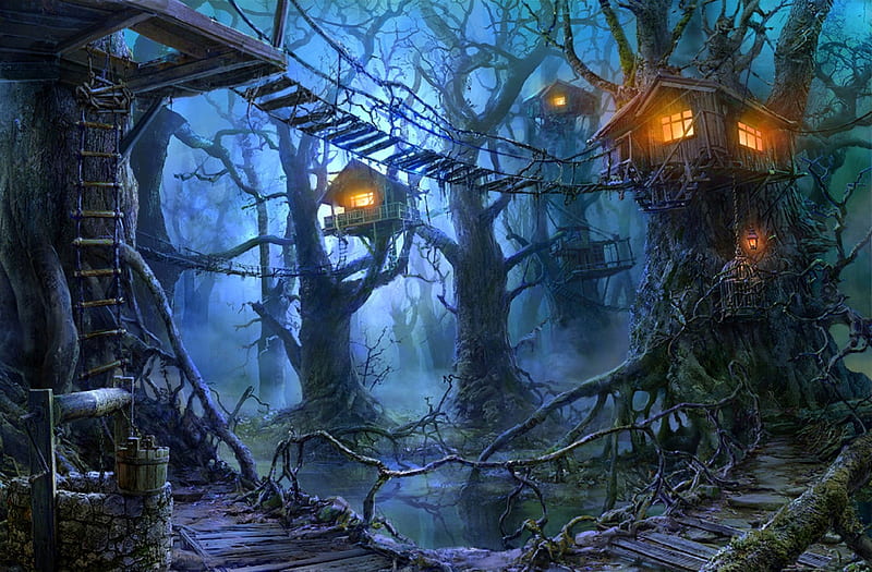 Tree Houses of Horror, architecture, holidays, halloween, houses, love four seasons, creative pre-made, digital art, trees, horror, paintings, landscapes, dark, forests, scenery, HD wallpaper