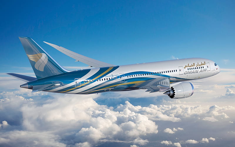 Boeing 787 Dreamliner, plane in the sky, passenger plane, Oman air, sky, Boeing, HD wallpaper