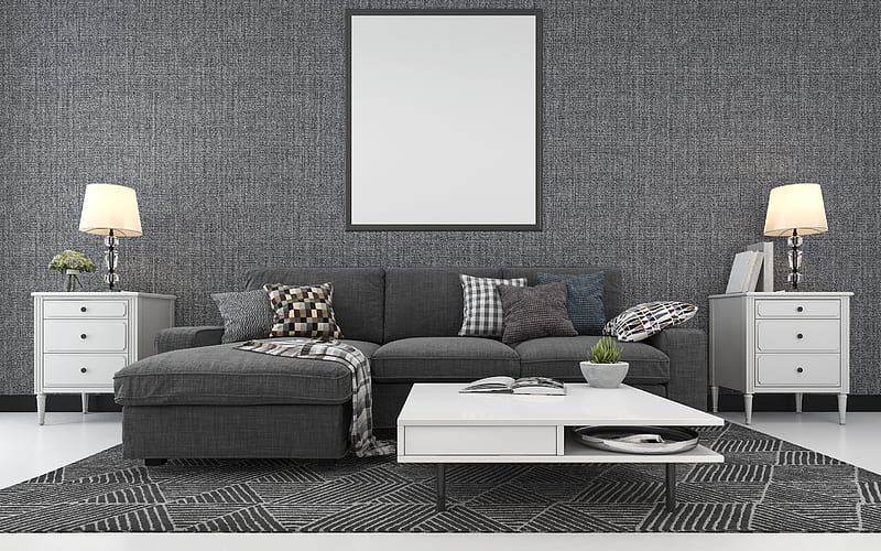 stylish gray living room interior, gray fabric wall, modern interior design, gray style in the interior, HD wallpaper