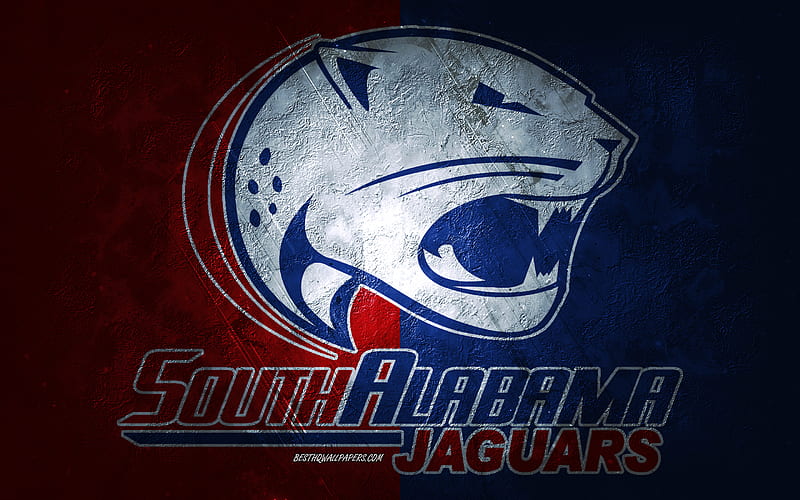 South Alabama Jaguars, American football team, blue background, South Alabama Jaguars logo, grunge art, NCAA, American football, South Alabama Jaguars emblem, HD wallpaper