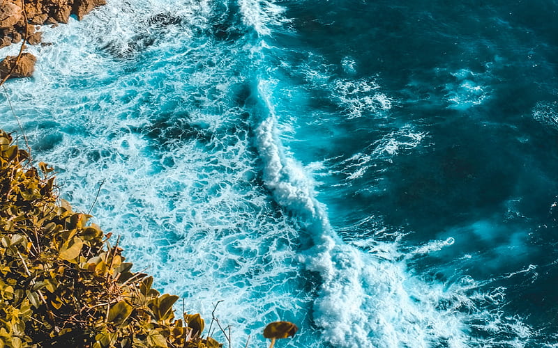 sea, coast, waves, view from above, breakage, HD wallpaper