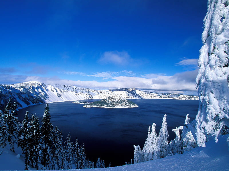 Crater Lake in Winter, oregon, sacred indian holy place, crater lake and wizard island, crater lake, HD wallpaper