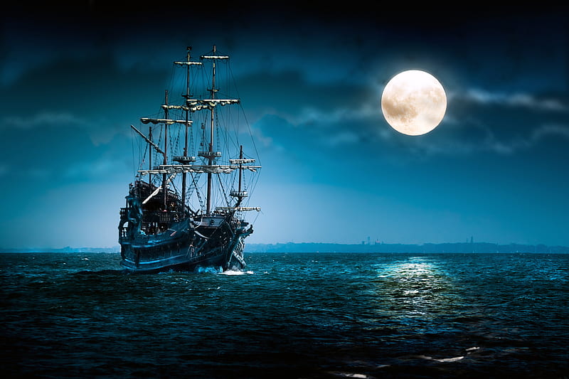 night in ocean, fantasy, pirate, sails, sea, see, ship, ships, HD wallpaper