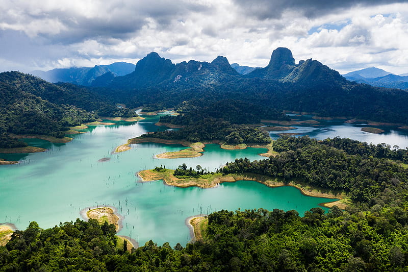 Khao Sok National Park, Surat Thani Province, Thailand, water, trees, mountains, forest, clouds, sky, HD wallpaper