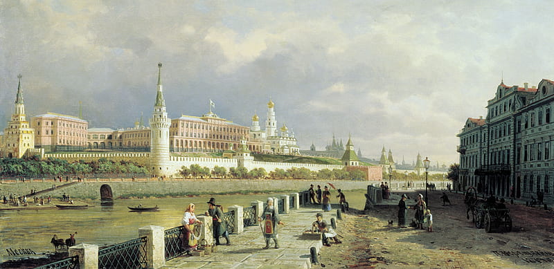 View of the Moscow ~ Kremlin, vereschagin, art, moscow, city, kremlin, people, painting, pictura, HD wallpaper