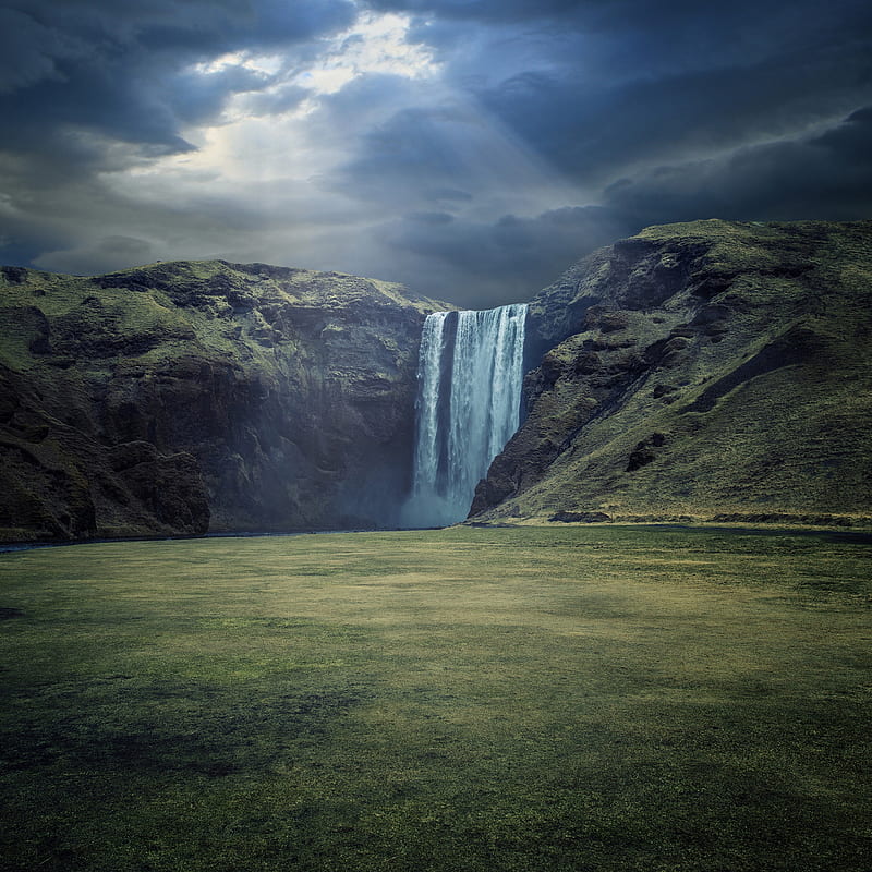 Skógafoss , Waterfalls, Iceland, Cliffs, Sun rays, Nature, Iceland, HD phone wallpaper