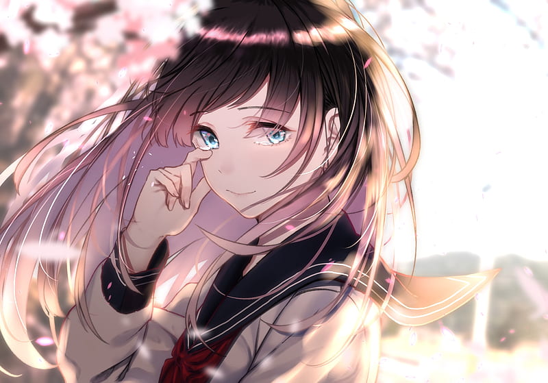 anime girl, crying, school uniform, tears, brown hair, sakura blossom, Anime, HD wallpaper