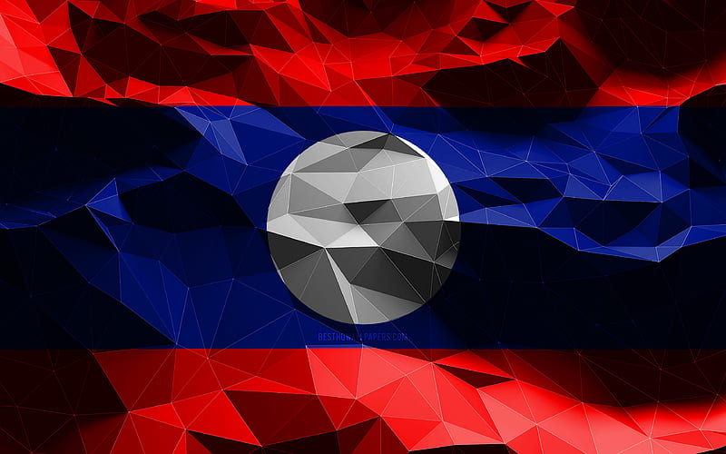 Laotian flag, low poly art, Asian countries, national symbols, Flag of Laos, 3D art, Laos, Asia, Laos 3D flag, Laos flag, HD wallpaper