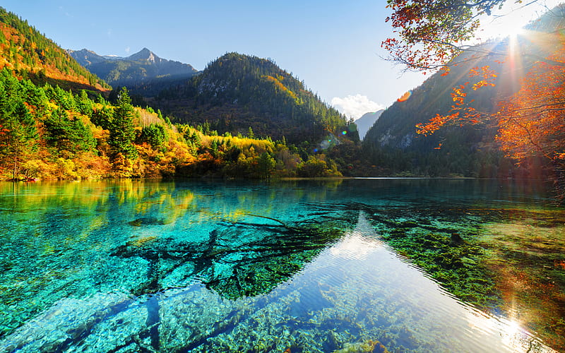 Crystalline Turquoise Lake, autumn, blue lake, Asia, Jiuzhaigou National Park, China, HD wallpaper