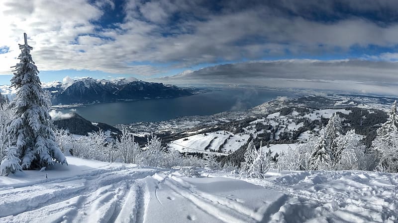Montreux in Winter, Lake Geneva, Switzerland, winter, house, snow, clouds, landscape, sky, mountains, alps, HD wallpaper