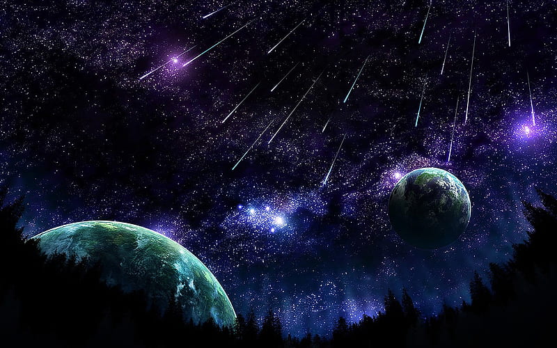 Shooting stars, stars, shooting, colorful, planets, space, bonito, universum, all, planet, dark, blue, HD wallpaper