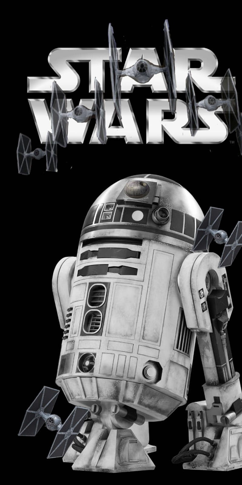 R2D2 wit Tie Fighter, black and white, r2d2, star wars logo, tie fighters, HD phone wallpaper