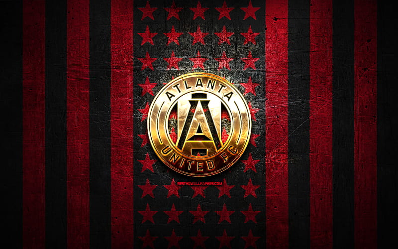 Atlanta United flag, MLS, purple black metal background, american soccer club, Atlanta United logo, USA, soccer, Atlanta United FC, golden logo, HD wallpaper