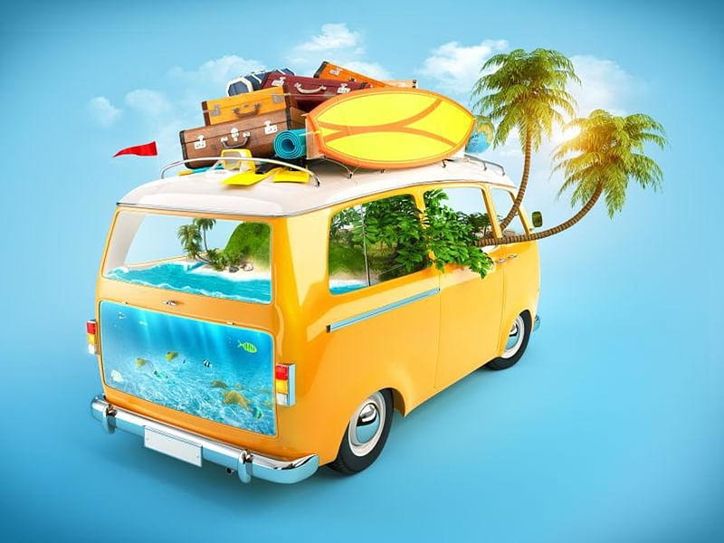 Summer holiday, Fun, Car, Palm trees, Baggage, Suitcase, beach, HD wallpaper