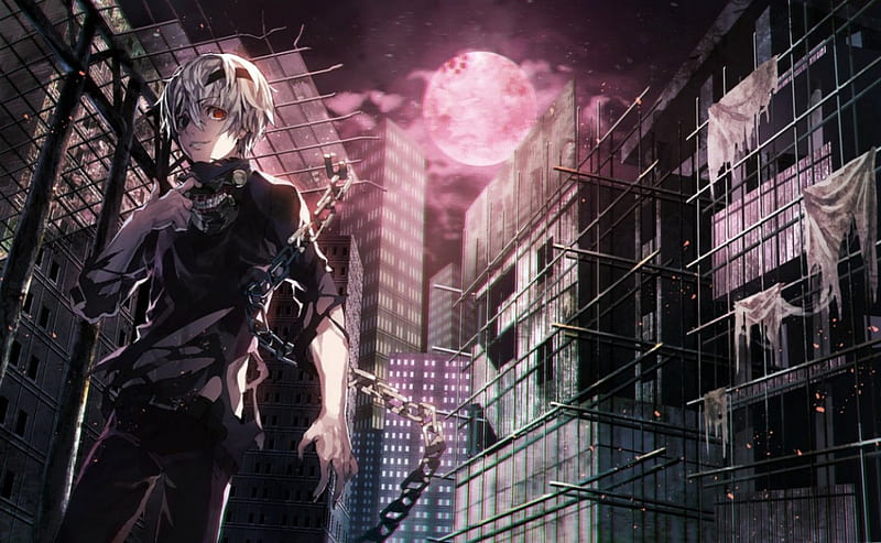 Evil city!, scrary, white hair, game, clouds, horror, lights, dakr, anime, scary, chain, wings, red light, smiley, city at night, black, building, cool, awesome, white, red eyes, red, ghoul, cloths, evil, anime boy, ken, moon, city, awesoem, darkness, light, night, male, manga, kaneki ken, smile, short hait, blood, tokyo ghoul, red moon, monster, mask, HD wallpaper
