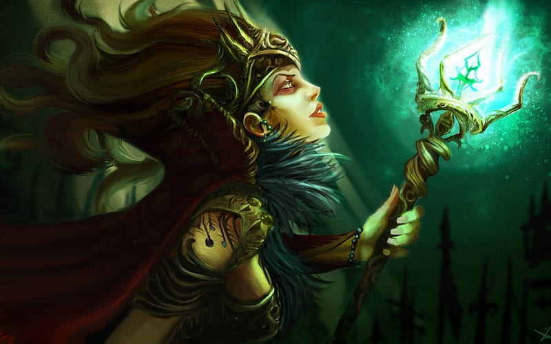 Sorceress, Fantasy, Green, Girl, Woman, Light, Hd Wallpaper 