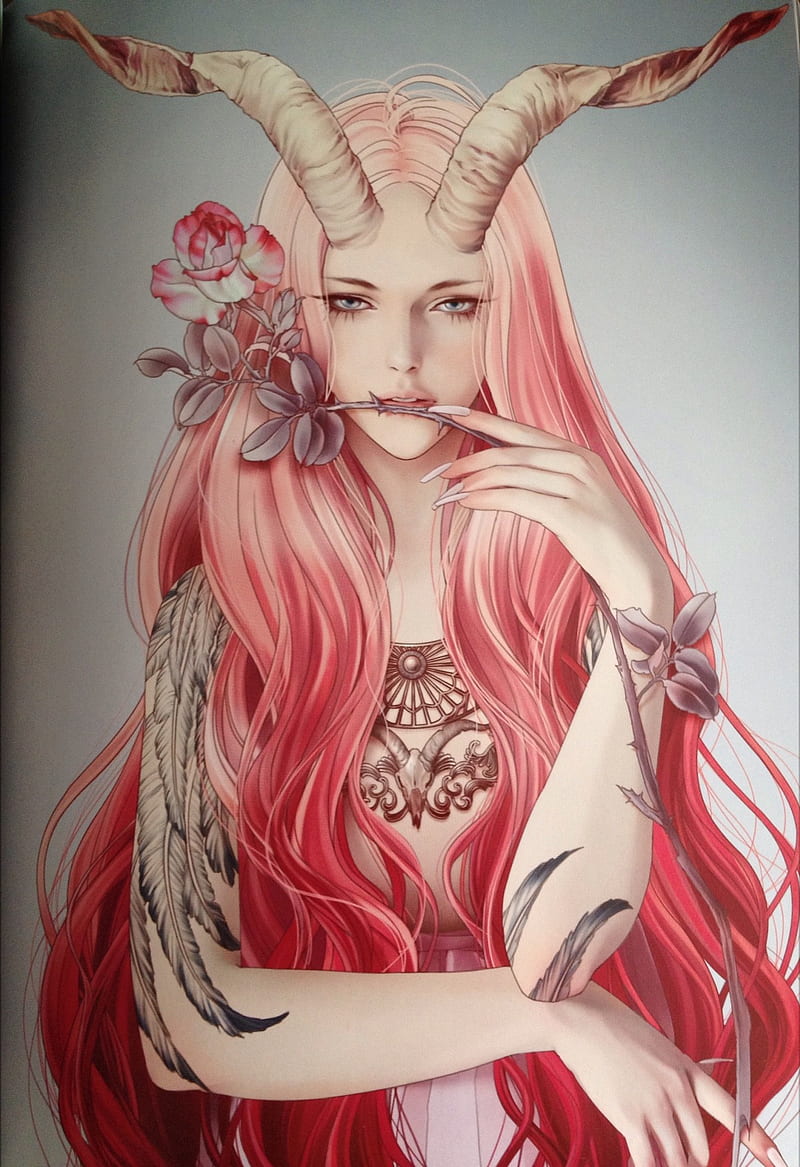 pink hair, horns, tattoo, rose, HD phone wallpaper