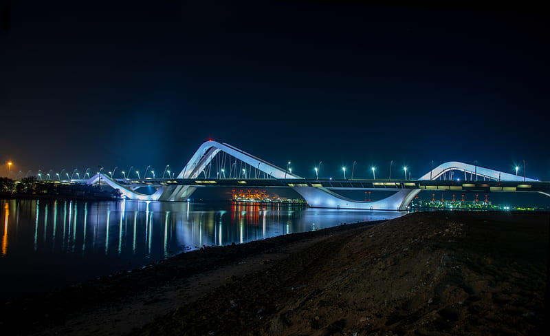 bridge, architecture, night city, city lights, abu dhabi, united arab emirates, HD wallpaper