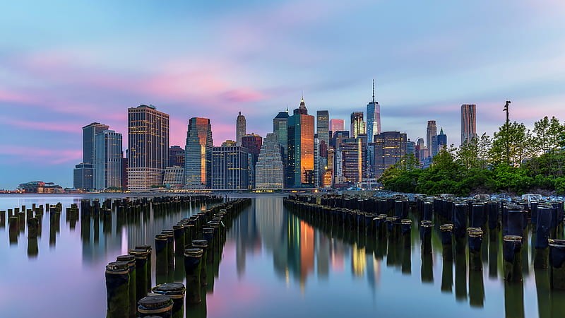 brooklyn, skyscrapers, new york city, sunrise, morning, architecture, united states, City, HD wallpaper