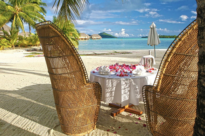 Table for Two on a white sand beach on paradise tropical island Bora Bora Tahiti Polynesia, dinner, polynesia, resort, french, retreat, lagoon, beach, flowers, luxury, table, islands, holiday, food, tahitian, happiness, ocean, pacific, breakfast, south, tranquil, society, paradise, white, seas, bonito, sea, bora bora, lunch, sand, chairs, polynesian, blue, exotic, escape, alone, serene, island, tropical, tahiti, HD wallpaper
