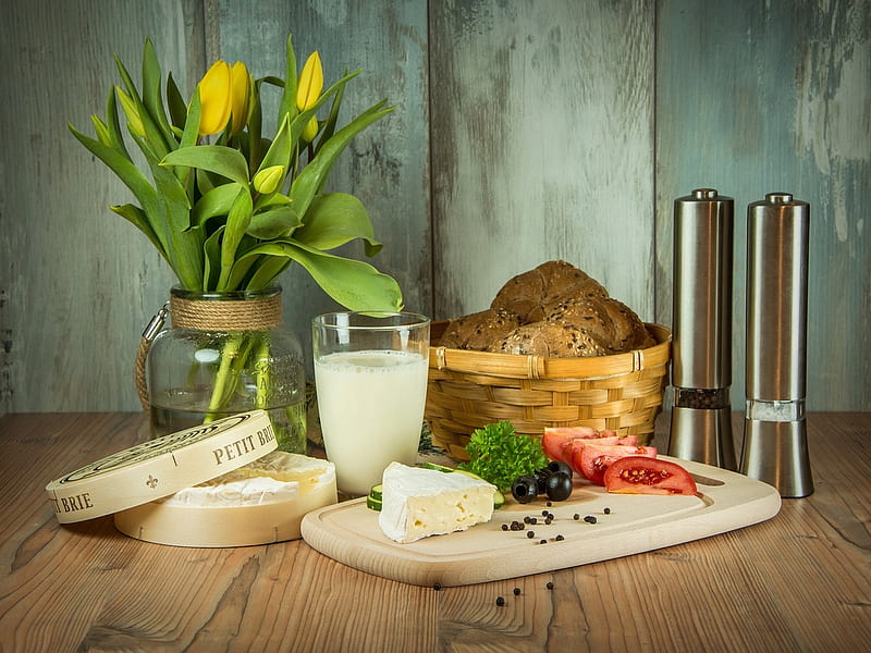 Breakfast, still life, delicious, veggi, bread, tulips, chesse, HD wallpaper