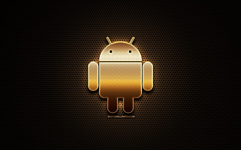 Android glitter logo, OS, metal grid background, Android 3D logo, brands, Android, HD wallpaper