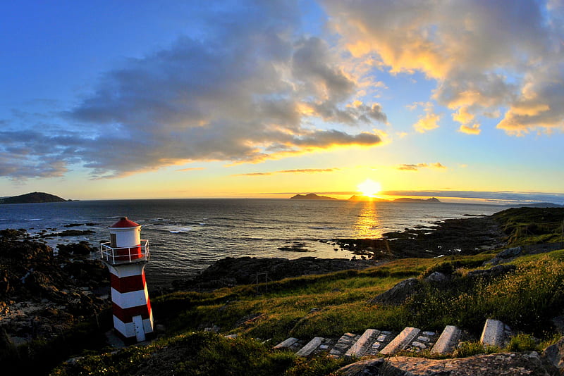 Buildings, Lighthouse, Coast, Galicia, Sea, Spain, Sunset, HD wallpaper