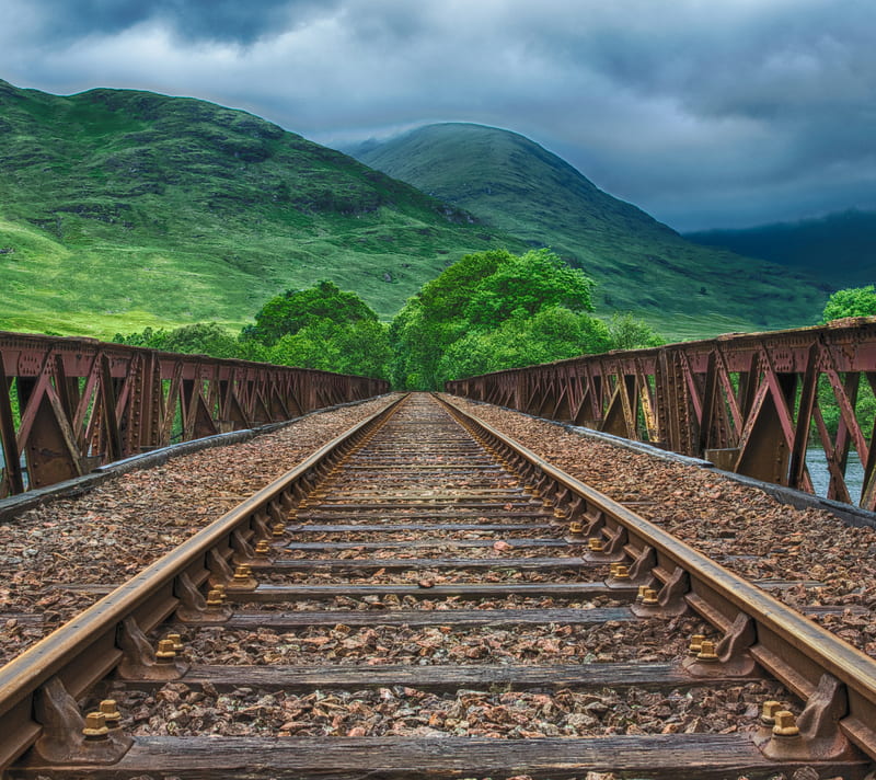 Railway, bridge, tracks, trees, HD wallpaper