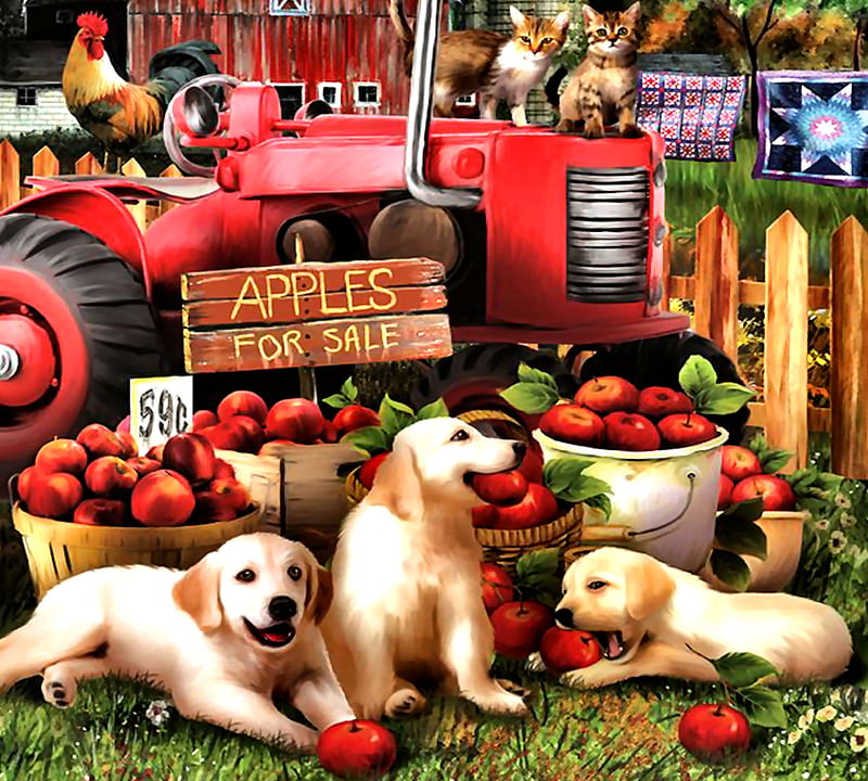 Offficial Taste Tester - Dogs F, art, apples, quilts, bonito, pets, illustration, artwork, canine, animal, fruit, painting, wide screen, dogs, HD wallpaper