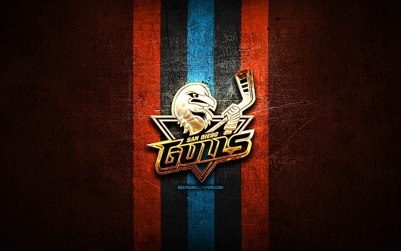 San Diego Gulls, golden logo, AHL, blue metal background, american hockey team, American Hockey League, San Diego Gulls logo, hockey, USA, HD wallpaper