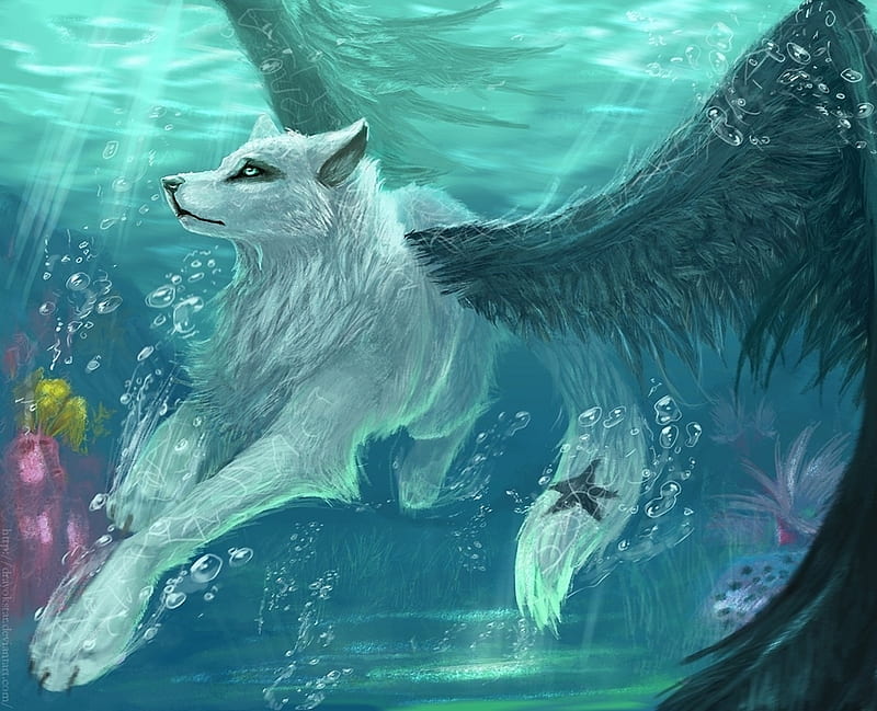 Fantasy wolf, underwater, art, wings, luminos, angel, animal, fantasy, water, summer, lup, wolf, white, creature, blue, HD wallpaper