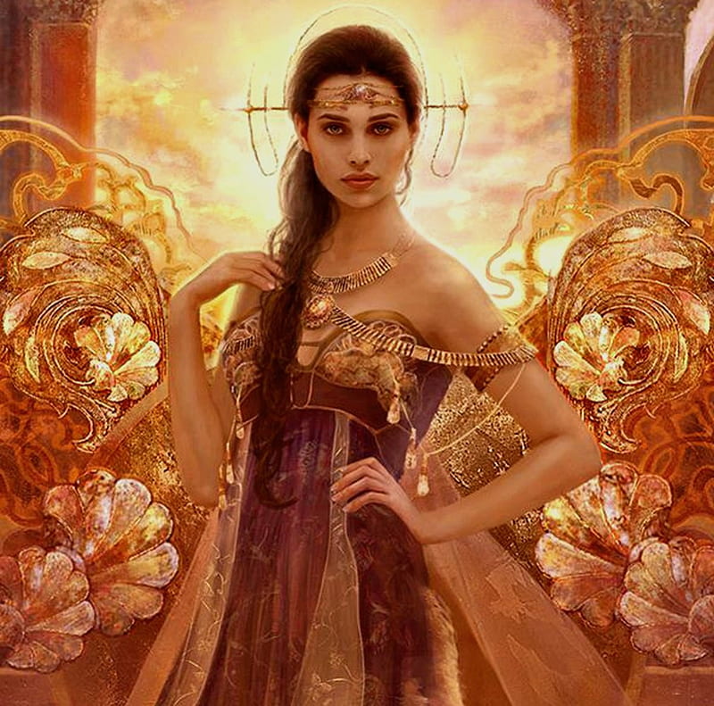 Goddess of Dawn, fantasy, gold, bonito, women, jewelry, HD wallpaper