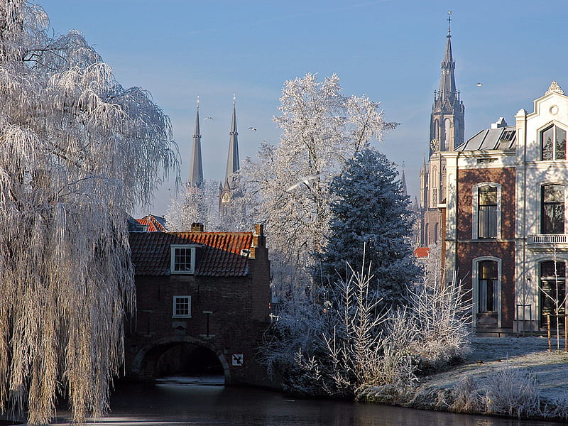 Delft on a Frosty Day, spires, canal, buildings, dutch, town, church, trees, holland, netherlands, HD wallpaper