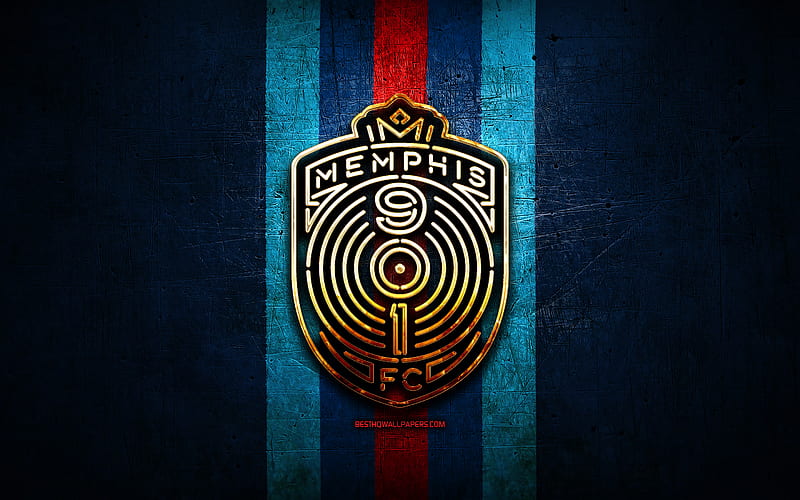 Memphis FC, golden logo, USL, blue metal background, american soccer club, United Soccer League, Memphis FC logo, soccer, USA, HD wallpaper