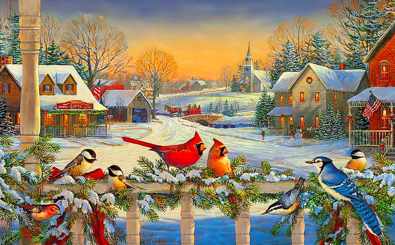 Town meeting, art, meeting, christmas, houses, town, birds, cardinals, gathering, snow, painting, peaceful, village, frost, HD wallpaper