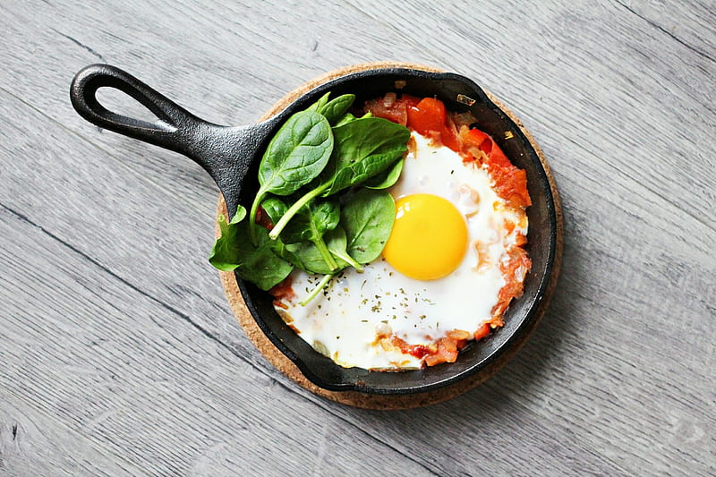 Bon appetite, Tomatoes, Pan, Eggs, Spinach, Food, Delicious, HD wallpaper