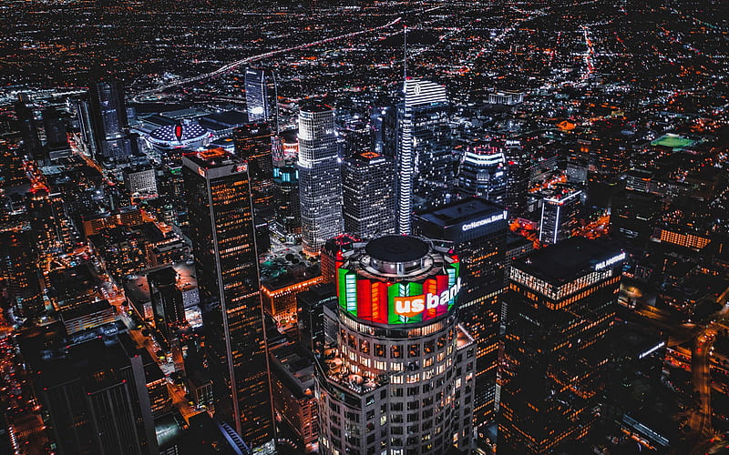 US Bank Tower, USA, nightscapes, Library Tower, skyscrapers, Los Angeles, America, modern buildings, HD wallpaper