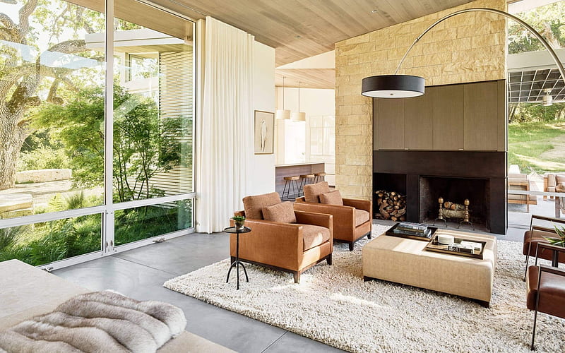 living room, Scandinavian style, fireplace, armchairs, large sofa, modern interior design, HD wallpaper