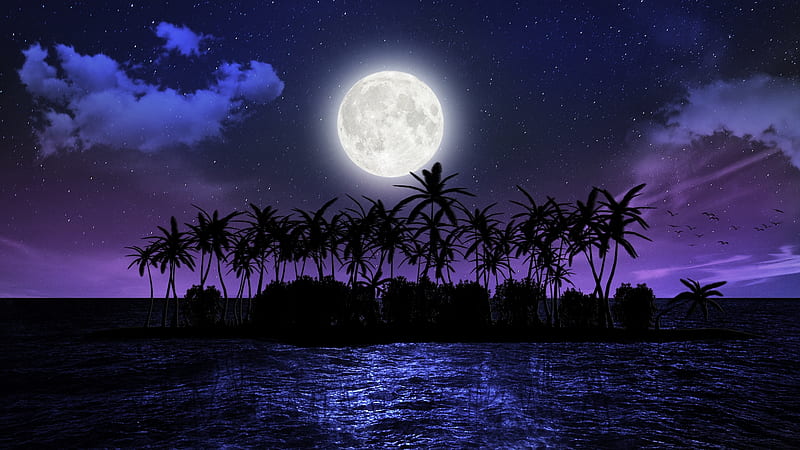 Magical night, moon, ocean, twilight, island, sky, night, sea, fullmoon, HD wallpaper