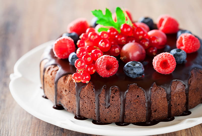 Cake, fruit, red, berry, food, chocolate, dessert, sweet, HD wallpaper