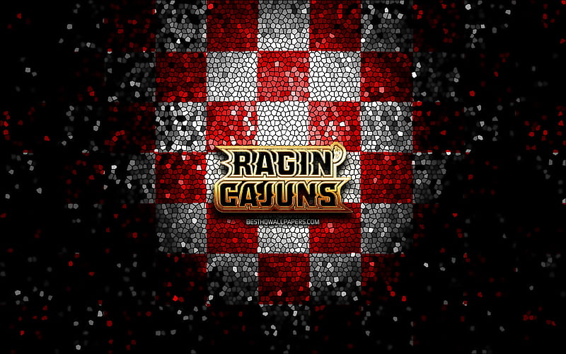 Louisiana Ragin Cajuns, glitter logo, NCAA, red white checkered background, USA, american football team, Louisiana Ragin Cajuns logo, mosaic art, american football, America, HD wallpaper
