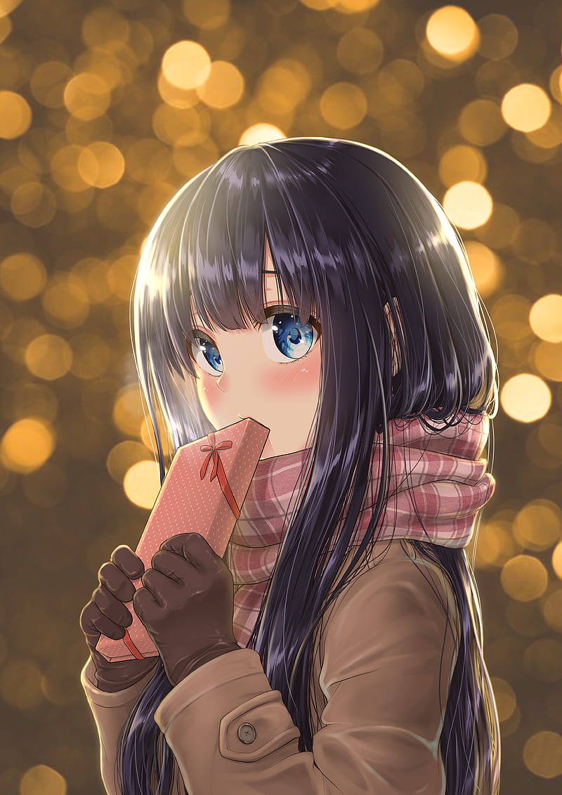 anime girl, chocolate pack, gloves, winter, long hair, blue eyes, Anime, HD phone wallpaper