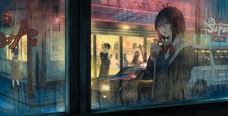 raining, street, urban, anime girl, headphones, walking, window, shops, Anime, HD wallpaper