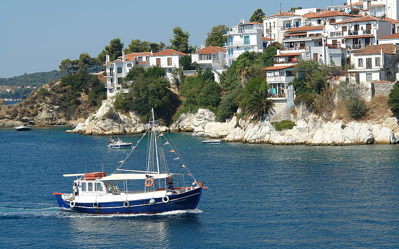 Skiathos Island, Greece, island, Greece, ship, houses, HD wallpaper