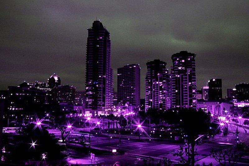 Purple City Lights, architecture, city, purple, color, lights, HD wallpaper