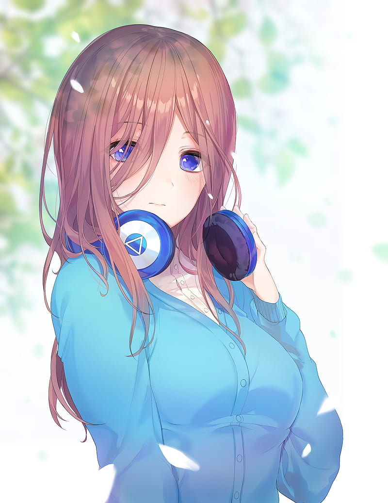 anime girl with brown hair and blue eyes and headphones