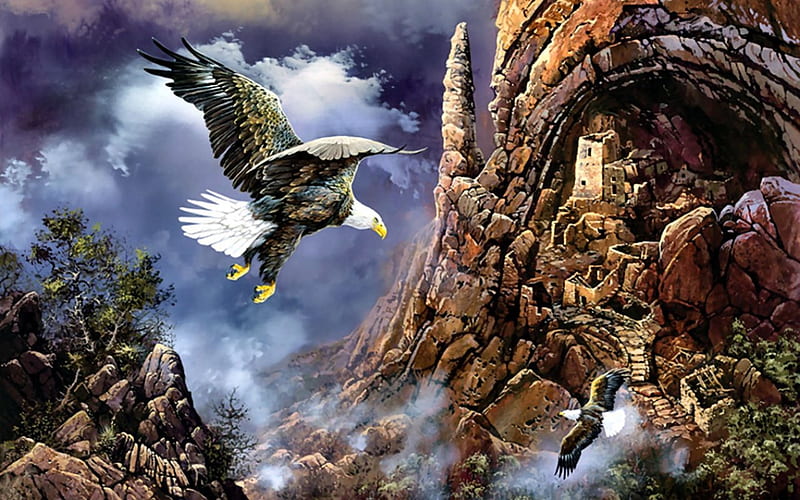 Cliff Dwelling Eagles F2, art, bald eagles, eagle, cliff dwellings, artwork, animal, bird, avian, painting, wide screen, wildlife, raptor, HD wallpaper