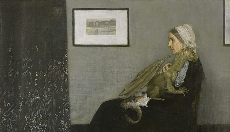 Whistler's mother by Godfrey Escota, art, james mcneill whistler, painting, funny, pictura, mother, woman, dragon, godfrey escota, HD wallpaper